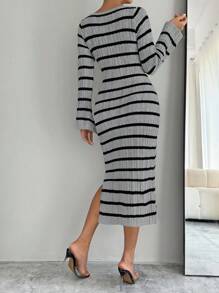 Chiquease Damen gestreiftes Kleid mit Glockenärmeln und Schlitz