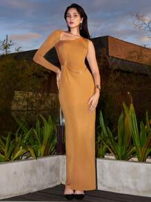 Armand Designer Women Single Sleeve Knot With Chain Long Dress Elegant Vacation Coffee Brown Dress, For Holiday, Party Outfit, Birthday Outfits, Spring, Beach, Festival, Ibiza Fits, Wedding, Prom Dress - Coffee - View 1