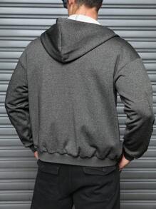 Manfinity Homme Men's Solid Color Zip-Up Hooded Casual Fleece Jacket, Fall/Winter - Black - View 6