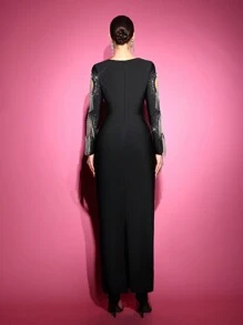 Glamrae Elegant And Gorgeous Black Round Neck Long-Sleeved Sleeves With Hollow Diamonds And Diamond Chain Tassels Back Slit Body Shaping Bandage Formal Evening Dress, Prom Gown, For Wedding Guest, Graduation, Dinner - Black - View 4