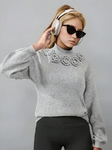 Girl & Teen Girls' Elegant Floral 3D Decorated Crew Neck Sweater. The Distinctive 3D Floral Collar Decoration Adds A Unique Style Highlight To The Overall Look. The Refined Crew Neck Design Is Simple Yet Graceful, Offering Warmth And Comfort With Its Soft, Delicate Fabric Material. This Sweater Creates A Charming, Fashionable Look For Girl And Teen Girls, Allowing Them To Radiate Confidence And Charm At Social Events.