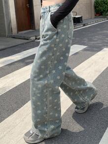 DAZY Loose Casual Women's Star Print Wide Leg Loose Pocket Jeans Y2k