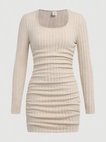 SHEIN Girlism Teen Girls Autumn Apricot Ribbed Ruched Waist Elegant Casual All-Match Dress - Apricot - View 5