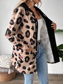 SHEIN LUNE Autumn/Winter Leopard Print Hooded Coat For Dailywear