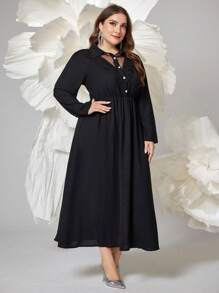 Modelyn فستان فخم بأكمام طويلة بلون واحد وياقة على شكل V وتصميم وصلات الدانتيل، فساتين أنيقة فاخرة قصة A للمساء والحفلات والأحداث الخاصة، فساتين سهرة طويلة - الأسود - مشاهدة 5