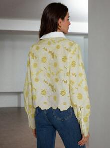 Aveloria Rosie Color Block Shirt, Pointed Collar, Random Sunflower Embroidered, Elegant Design Blouse