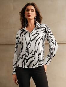 Anewsta Áo sơ mi dài tay họa tiết ngựa vằn dáng rộng thời trang xuân/thu cho nữ - Đen và trắng - Xem 5