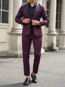 Manfinity Mode Bộ áo khoác dài tay có cổ màu tương phản và quần ống đứng cho nam - Màu tím - Xem 3