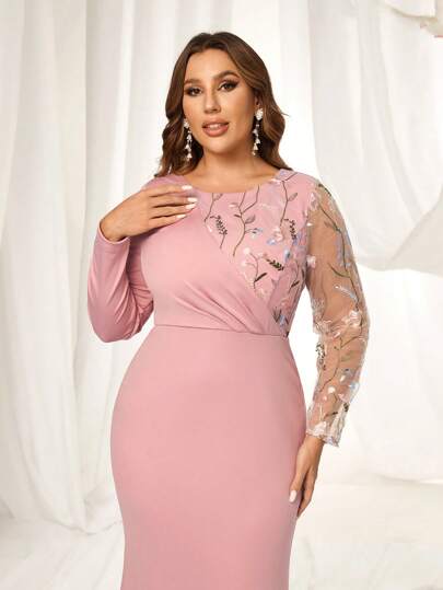 SHEIN Belle 大码女式优雅浪漫深粉色高弹力面料拼接刺绣网眼美人鱼下摆伴娘礼服，长袖连衣裙