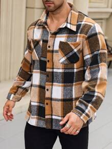 Manfinity Homme Plus Size Men's Plaid Pocket Single-Breasted Casual Going Out Shacket, For Friends, Husband, Boyfriend Gifts, For Fall