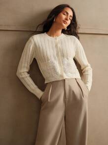 Anewsta Apricot Knitted Sequin Embroidery Cardigan - Apricot - View 3