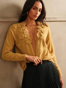 Anewsta Women's Elegant V-Neck Handmade Flower Knit Cardigan