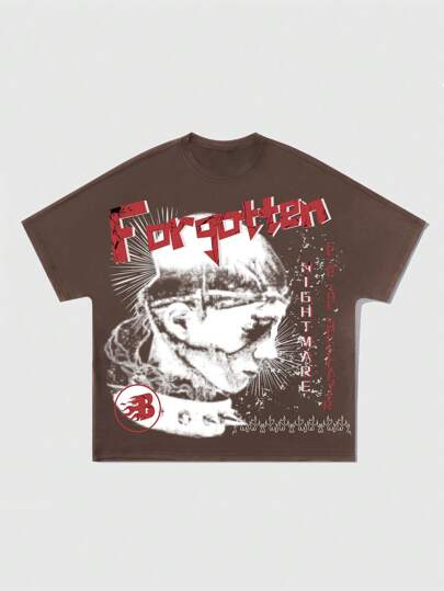 Grunge Punk Camiseta de manga corta holgada con estampado gráfico retro de calle, de verano para hombres