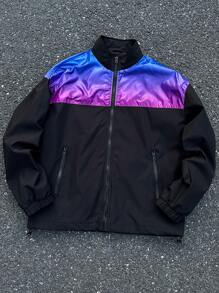 Manfinity EMRG 男士休闲宽松拉链拼色户外风衣夹克，春秋季 - 黑色 - 查看 1