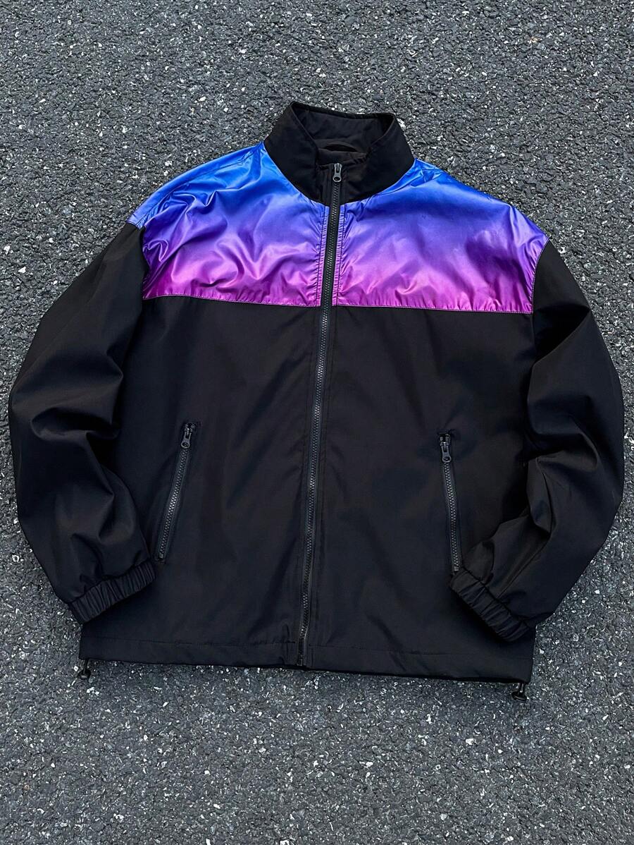 Manfinity EMRG 男士休闲宽松拉链拼色户外风衣夹克，春秋季 - 黑色 - 查看 1