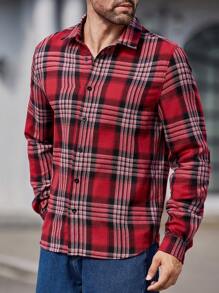 Manfinity VCAY 男士编织格子修身休闲翻领长袖开衫衬衫，法兰绒衬衫，适合秋季 - 紅色 - 查看 1