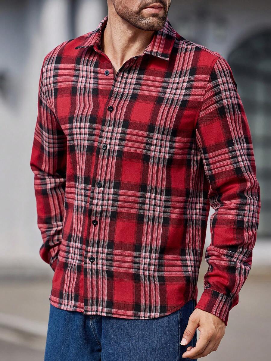 Manfinity VCAY 男士编织格子修身休闲翻领长袖开衫衬衫，法兰绒衬衫，适合秋季 - 紅色 - 查看 1