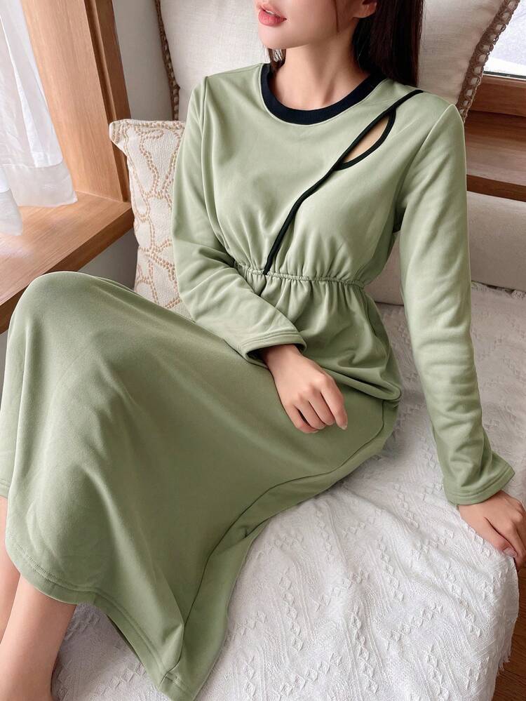 Casual Contrast Trim Hollow Design Waist Cinching Winter Thermal Lined Lounge Dress Pajama