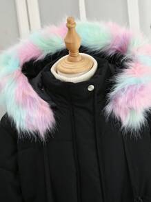 Teen Girl Colorblock Fluffy Lined Hooded Casual Padded Coat, Winter - Black - View 5