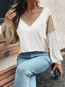SHEIN LUNE Camiseta holgada de manga larga con escote en V y hombros caídos, estilo casual para mujer, primavera otoño