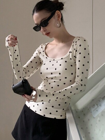 DAZY Autumn New Polka Dot Fitted Long Sleeve Print T-Shirt