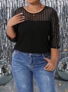 SHEIN CURVE+ 大码女式 3/4 袖亮片拼接黑色 T 恤，春夏 - 黑色 - 查看 3