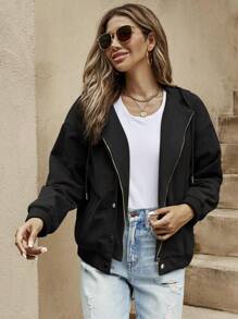 SHEIN LUNE Women's Solid Color Dropped Shoulder Long Sleeve Hooded Zip-Up Casual Jacket, Spring & Fall