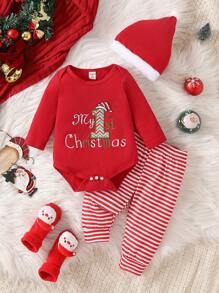 SHEIN Playful Pals 3pcs Christmas Outfit For Baby Boy - Santa Claus Embroidery Design, Casual
