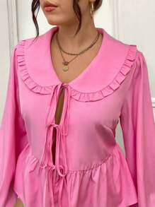 Celure 大码休闲荷叶边领系带灯笼袖衬衫女式衬衫 - 粉色 - 查看 7