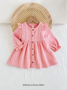 Cozy Pixies Baby Girl Wheat Ear Pattern Round Neck Ruffle Hem Long Sleeve Waist Dress - Pink - View 8