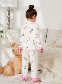 SHEIN 2 pièces Ensemble de pyjama jeune fille enfant petit enfant haut à manches longues et pantalon avec imprimé floral. Tenue de loisir et d'intérieur. - Rose pâle - Voir 2