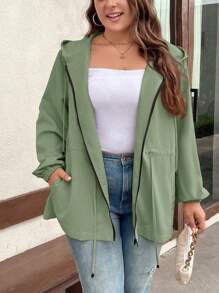SHEIN LUNE Plus Size Casual Drawstring Waist Hooded Jacket For Autumn Christmas Women Clothes - Olive Green - View 1