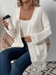 Chiquease Autumn Winter Korean Style Slouchy Tasseled Sweater Cardigan, Mid-Length White Fluffy Thick V-Neck Open Cardigan Suitable For Going Out, Vacation, Party, And Street Wear