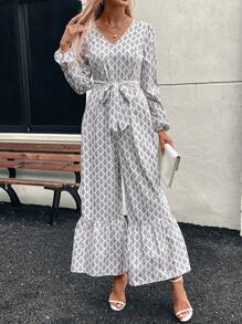 SHEIN LUNE 1pc All-Over Print Wide-Leg Jumpsuit, Autumn