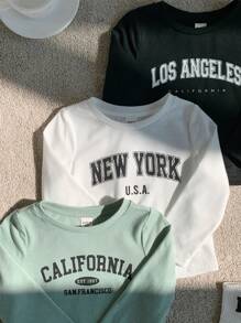 SHEIN Leap Crew Bộ 3 áo thun tay dài cổ tròn in chữ dáng rộng thoải mái cho bé trai, thích hợp mặc ngoài trời và trong nhà vào mùa thu đông - Nhiều màu - Xem 3