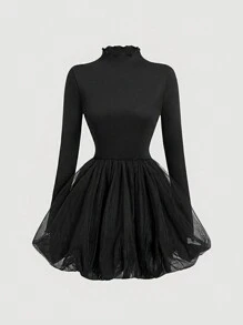 SHEIN MOD 女士黑色复古可爱网眼撞色泡泡裙，亡灵节服装黑色高领衫