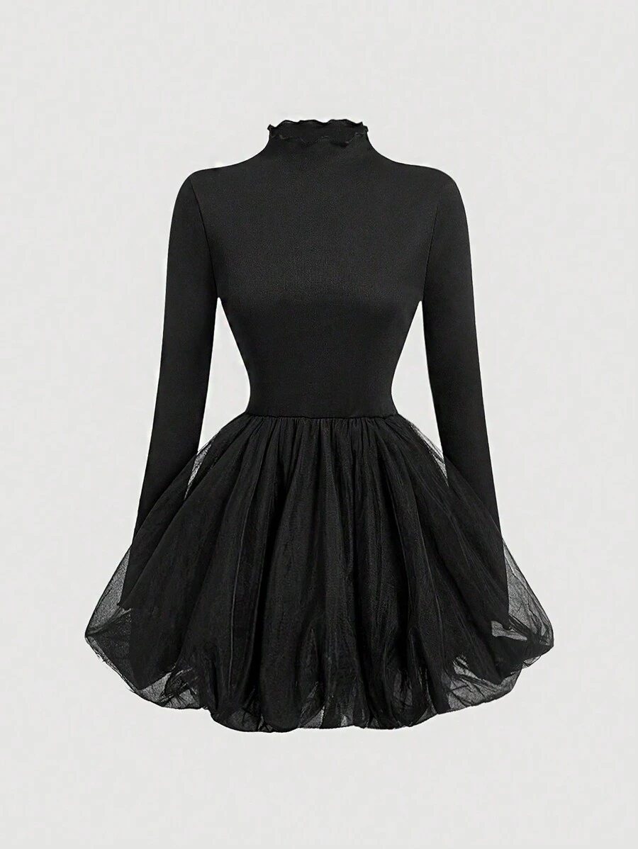 SHEIN MOD 女士黑色复古可爱网眼撞色泡泡裙，亡灵节服装黑色高领衫