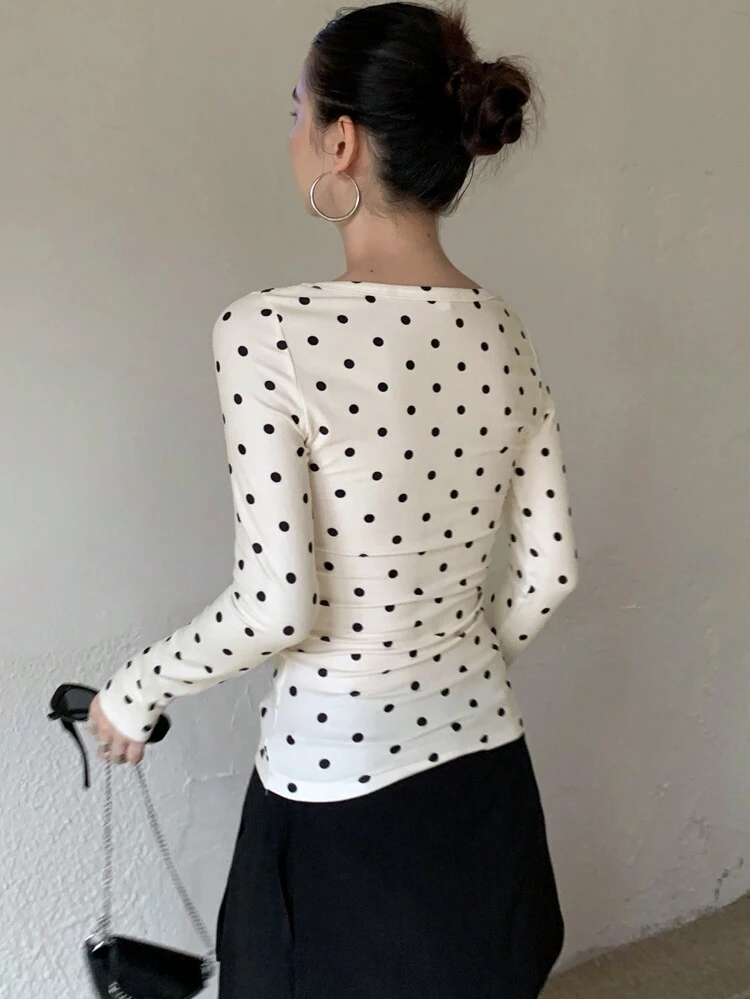 Autumn New Polka Dot Fitted Long Sleeve Print T-Shirt