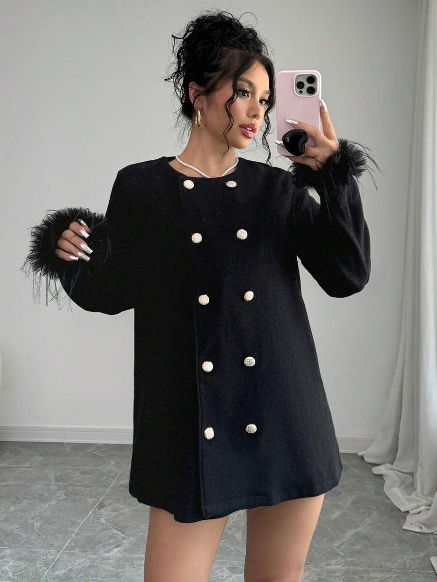 Chiquease Women's Elegant Fuzzy Cuff Double-Breasted Jacket For Autumn