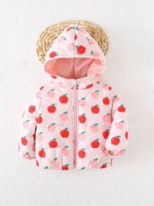 Cozy Pixies 草莓图案长袖连帽厚棉服外套，适合上学、休闲外出、百搭搭配、休闲度假 - 粉色 - 查看 5