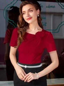 Vintamour Elegant Vintage Women's Knitted T-Shirt, Tee With 3D Floral Decor, Teacher Going Out Tops Business Casual Old Money Aesthetic Women Top, Thanksgiving Red Top Christmas Valentine Day Vacation Top Festival Outfits For Women Summer Holiday Outfits Casual Blouses For Women - Burgundy - View 5