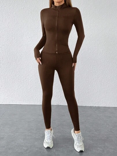 SHEIN PETITE 黑色两件套运动服拉链夹克和紧身裤