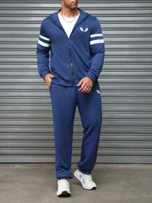 Manfinity Homme Men's Striped Eagle Print Zip-Front Hooded Sweatshirt And Pants Casual Tracksuit Spring & Autumn - Navy Blue - View 1