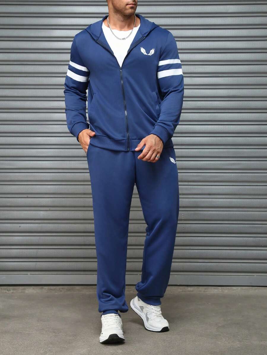 Manfinity Homme Men's Striped Eagle Print Zip-Front Hooded Sweatshirt And Pants Casual Tracksuit Spring & Autumn - Navy Blue - View 1