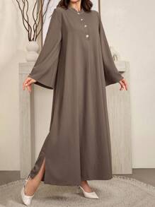 Al Najma 女式休闲纯色长款开叉长袍连衣裙，秋季，朴素长袖休闲束腰阿拉伯连衣裙，适合日常休闲/居家 - 咖啡棕 - 查看 1