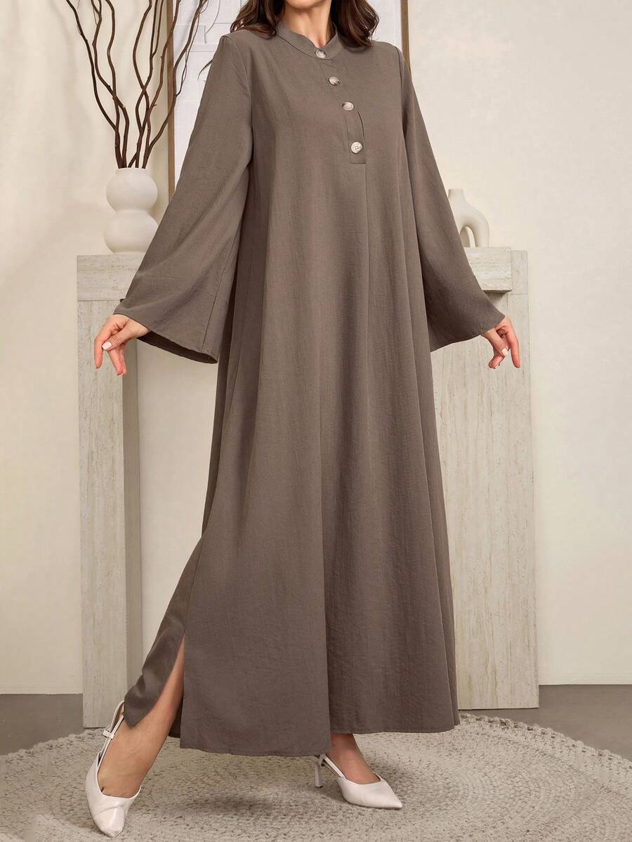 Al Najma 女式休闲纯色长款开叉长袍连衣裙，秋季，朴素长袖休闲束腰阿拉伯连衣裙，适合日常休闲/居家 - 咖啡棕 - 查看 1