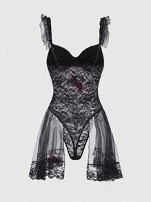 Sweetness Gothic Dark Sexy Ruffle Trim Bow Romper Bodysuit - Multicolor - View 2