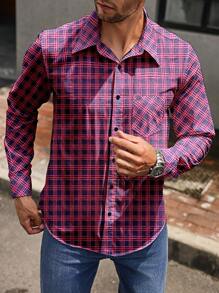 Manfinity Homme Men's Checkered Loose Fit Casual Long Sleeve Shirt, Spring And Autumn,Long Sleeve Shirt,Fall Men Clothes,Red And Blue Plaid Shirt,Christmas Clothing