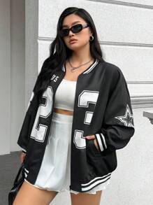 SHEIN EZwear 23 Number Print Loose Fit Plus Size Jacket Winter Fall Autumn