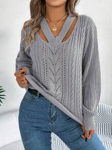 Autumn/Winter Casual Sexy V-Neck Hollow Out Cable Knit Lantern Sleeve Sweater